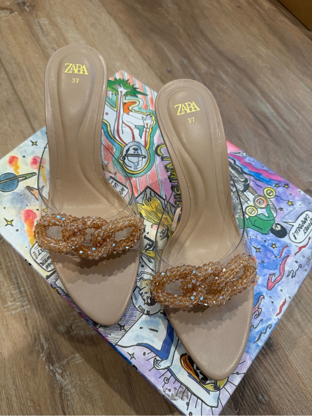 Zara Beige Beaded Chain-Trim Mules